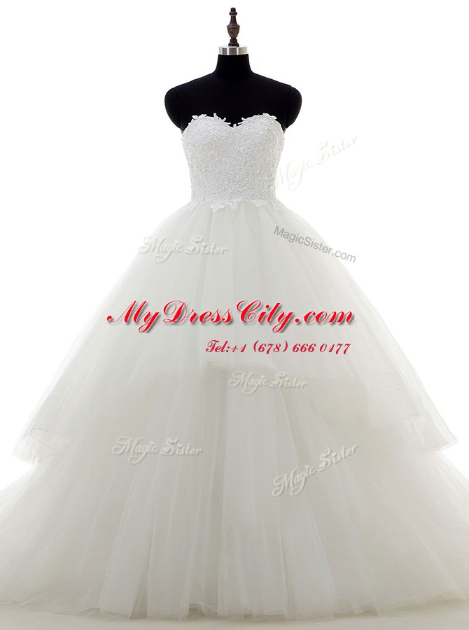 Stylish White Bridal Gown Sweetheart Sleeveless Sweep Train Zipper