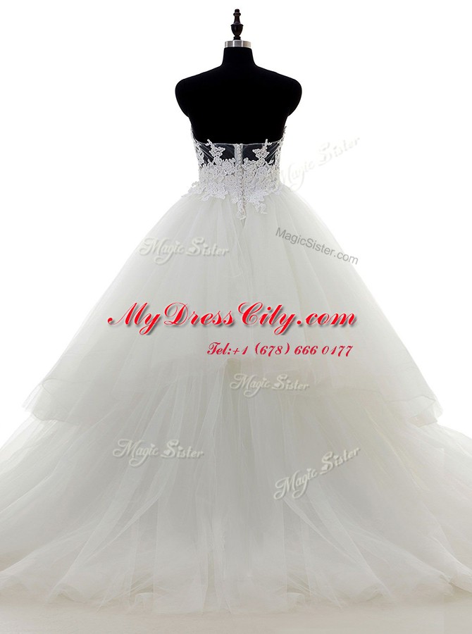 Stylish White Bridal Gown Sweetheart Sleeveless Sweep Train Zipper