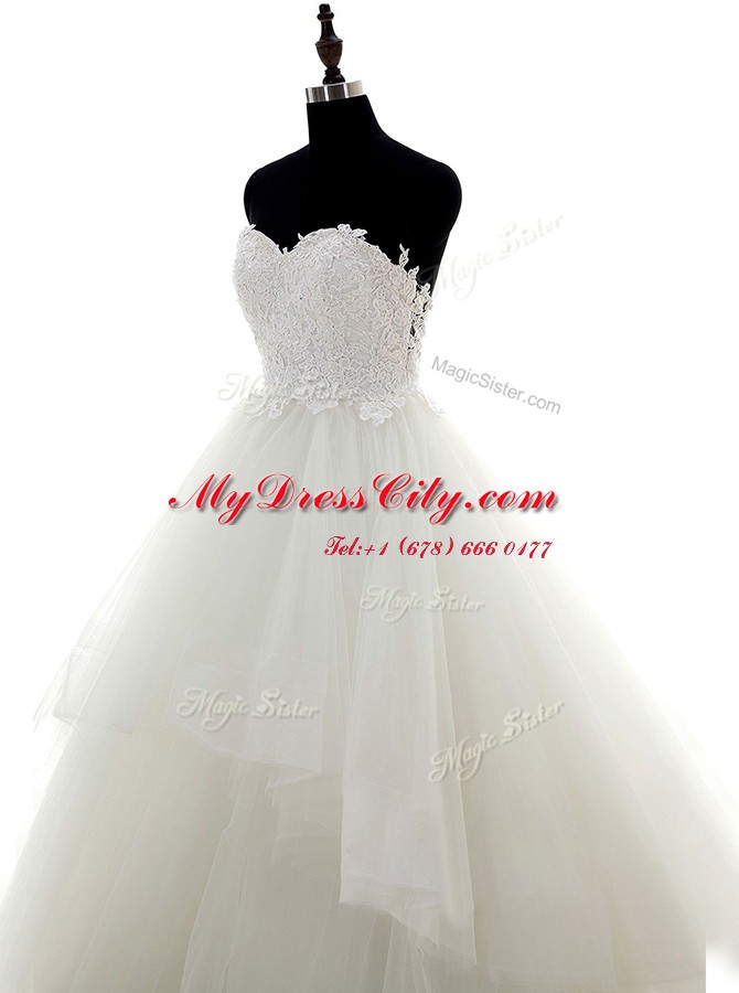 Stylish White Bridal Gown Sweetheart Sleeveless Sweep Train Zipper