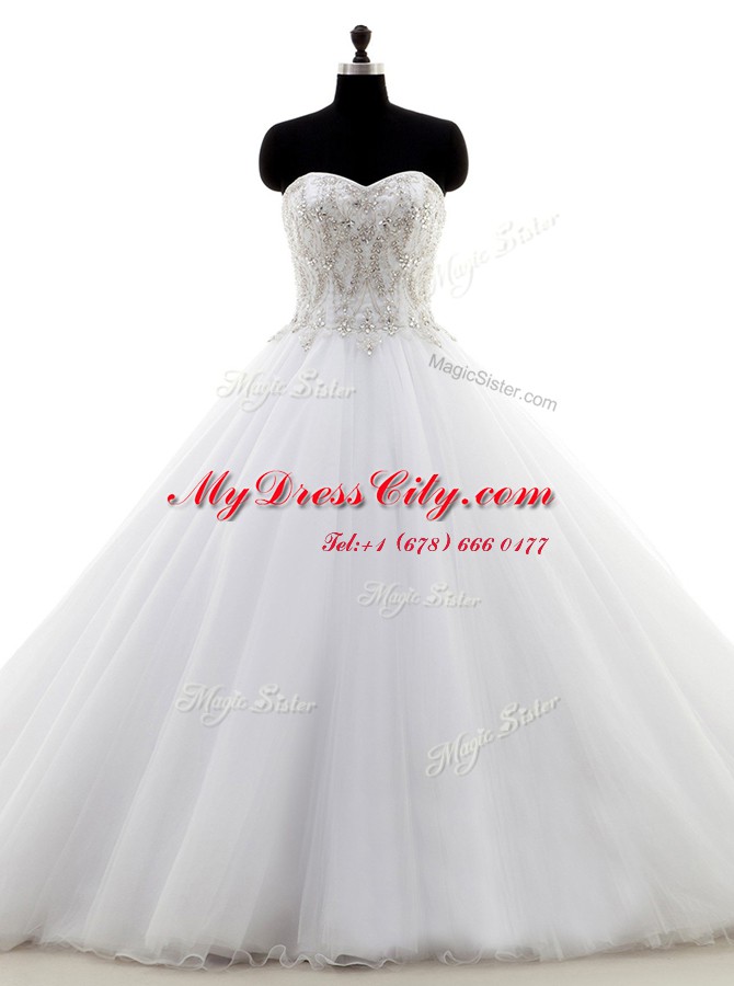 Excellent White Ball Gowns Organza Sweetheart Sleeveless Beading With Train Clasp Handle Bridal Gown Brush Train