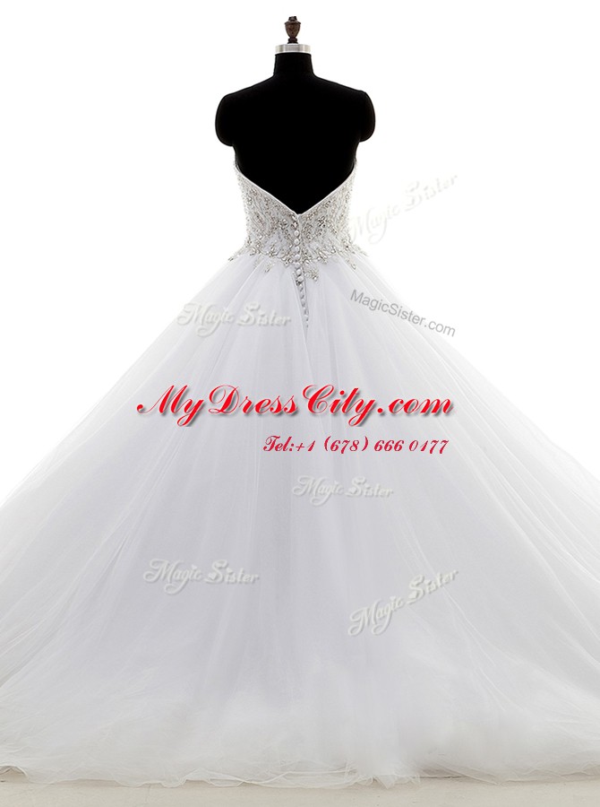 Excellent White Ball Gowns Organza Sweetheart Sleeveless Beading With Train Clasp Handle Bridal Gown Brush Train