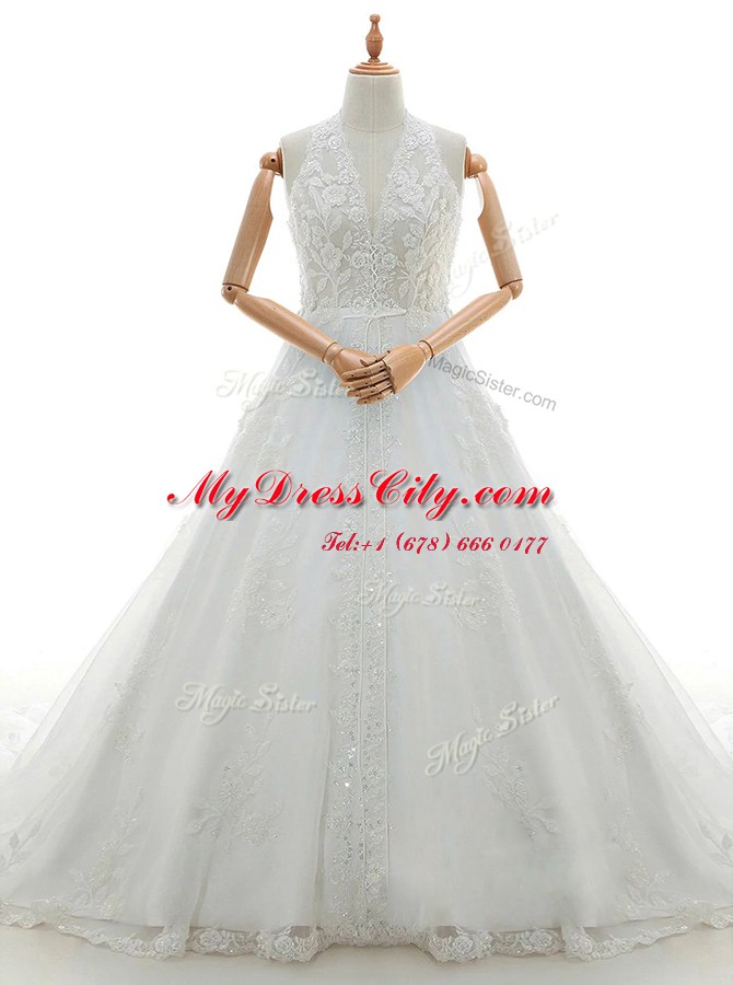 Lace White Zipper Wedding Dresses Appliques Sleeveless With Brush Train