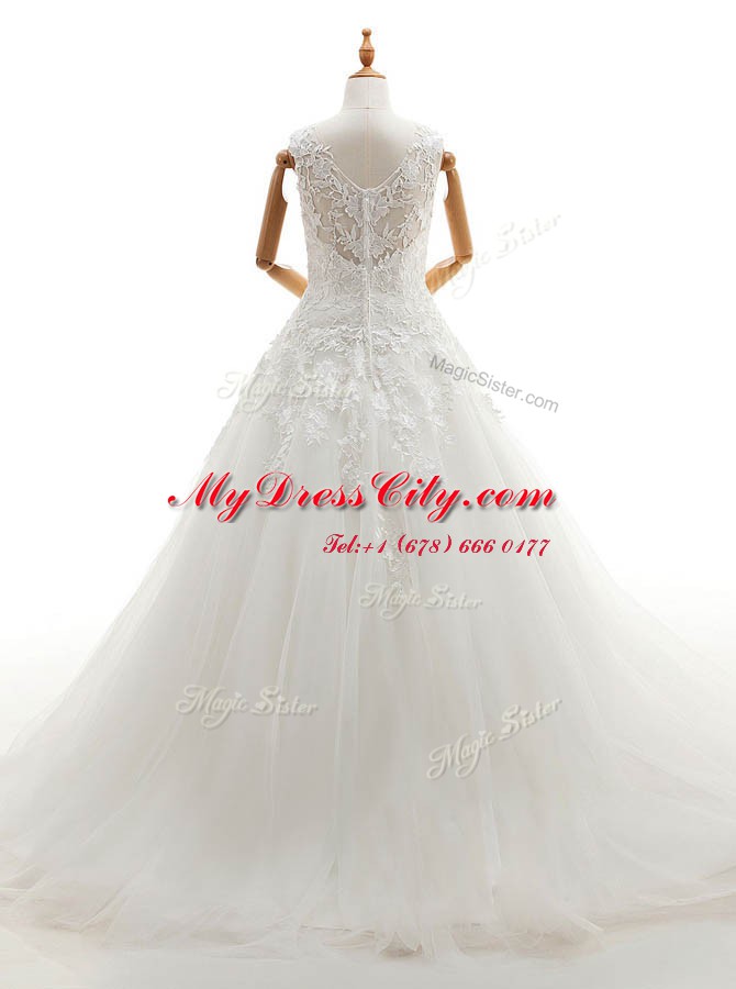 Sleeveless Brush Train Zipper With Train Appliques Wedding Gown