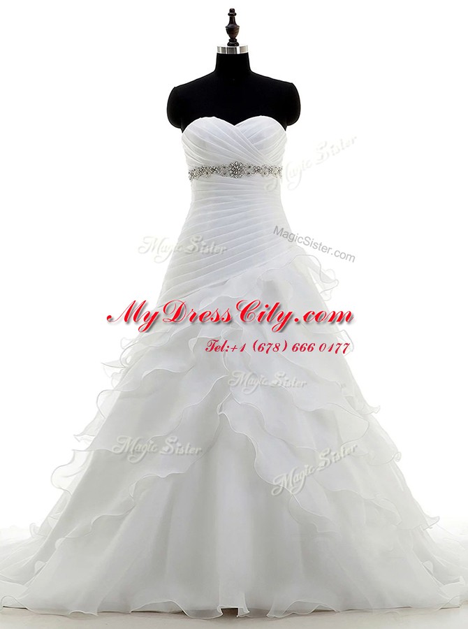 Organza Sleeveless With Train Wedding Gown Brush Train and Beading