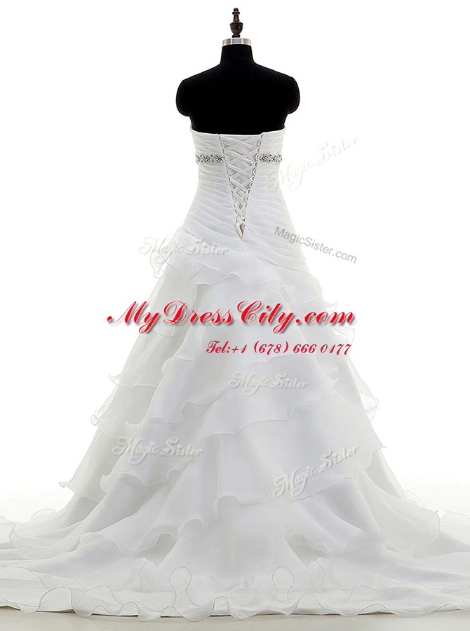 Organza Sleeveless With Train Wedding Gown Brush Train and Beading