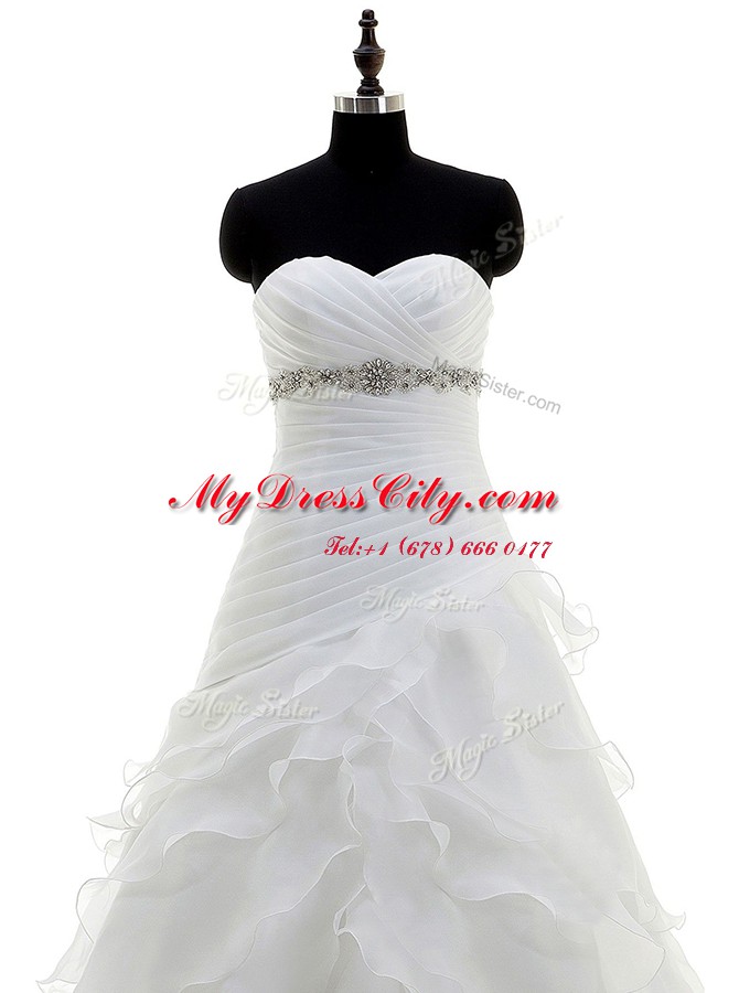 Organza Sleeveless With Train Wedding Gown Brush Train and Beading