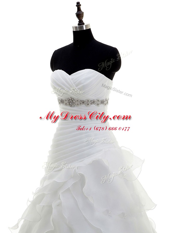 Organza Sleeveless With Train Wedding Gown Brush Train and Beading