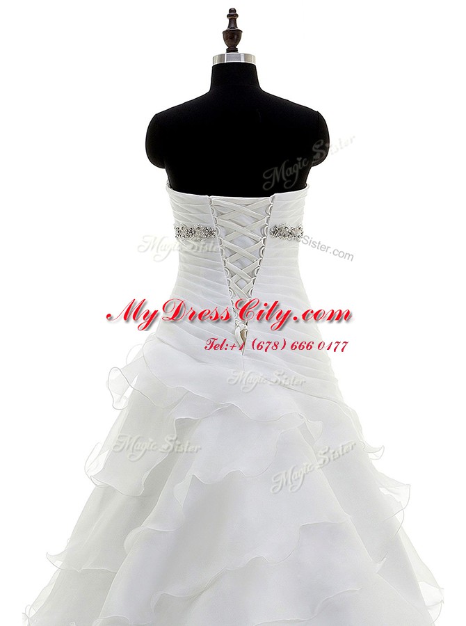 Organza Sleeveless With Train Wedding Gown Brush Train and Beading