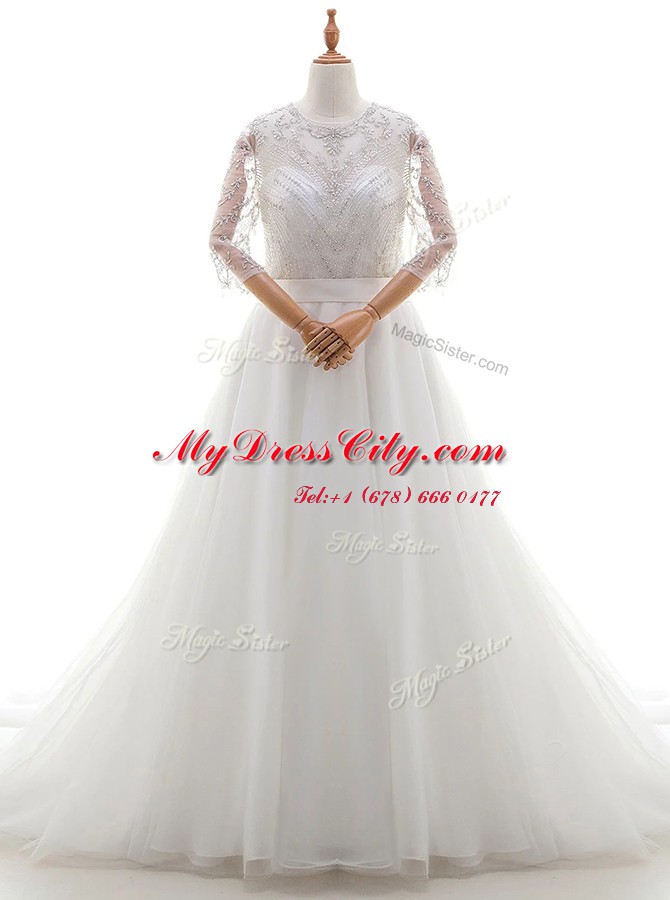 Captivating Scoop 3 4 Length Sleeve Organza With Brush Train Clasp Handle Wedding Dresses in White with Beading and Lace