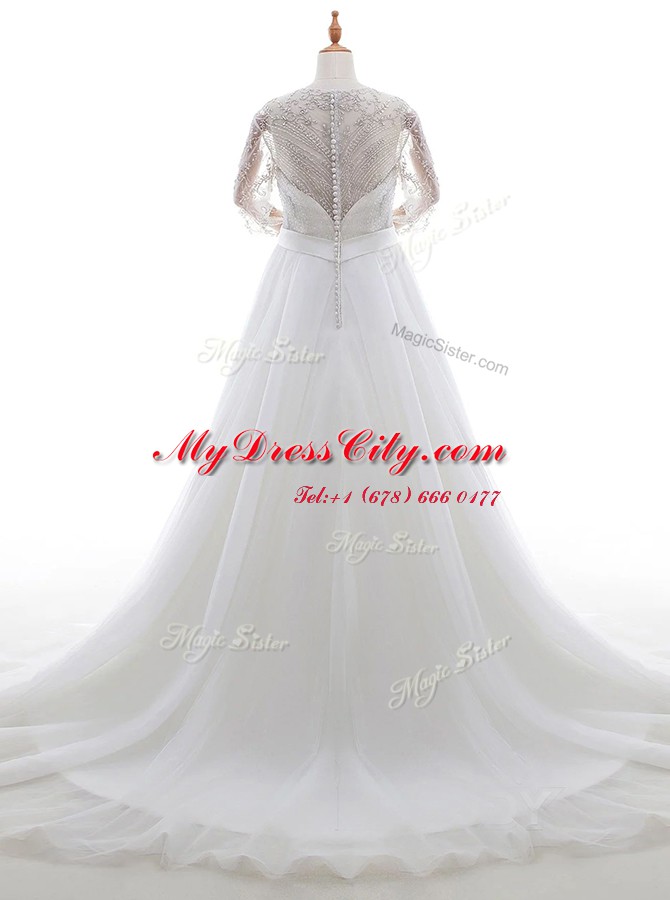 Captivating Scoop 3 4 Length Sleeve Organza With Brush Train Clasp Handle Wedding Dresses in White with Beading and Lace