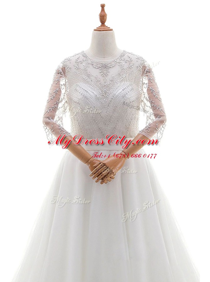 Captivating Scoop 3 4 Length Sleeve Organza With Brush Train Clasp Handle Wedding Dresses in White with Beading and Lace