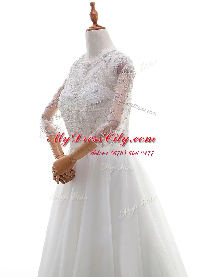 Captivating Scoop 3 4 Length Sleeve Organza With Brush Train Clasp Handle Wedding Dresses in White with Beading and Lace