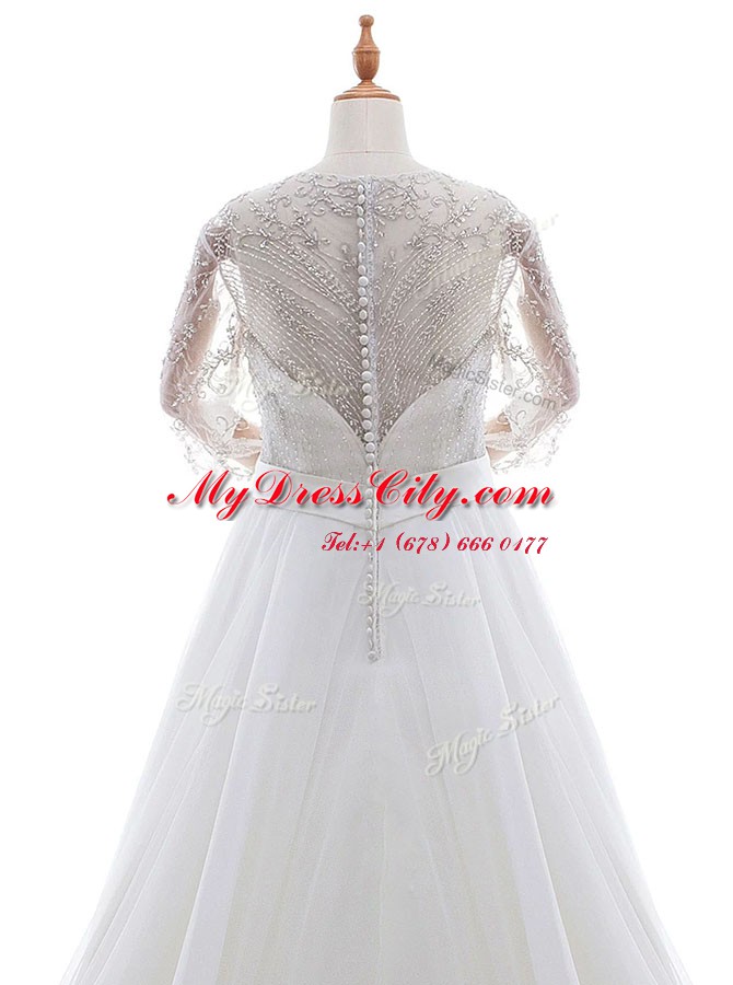 Captivating Scoop 3 4 Length Sleeve Organza With Brush Train Clasp Handle Wedding Dresses in White with Beading and Lace