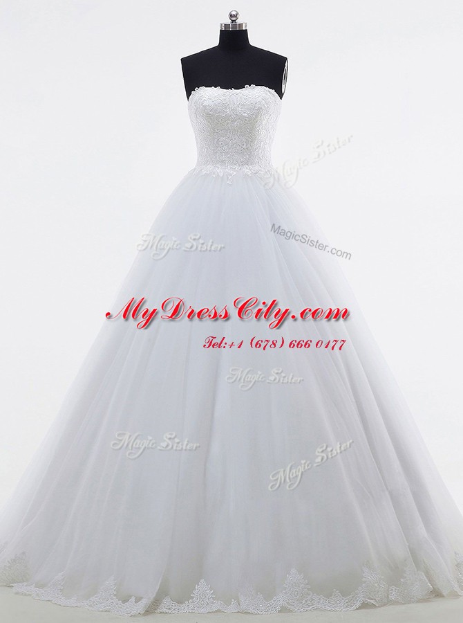 Adorable Brush Train Ball Gowns Wedding Dress White Strapless Tulle Sleeveless With Train Clasp Handle