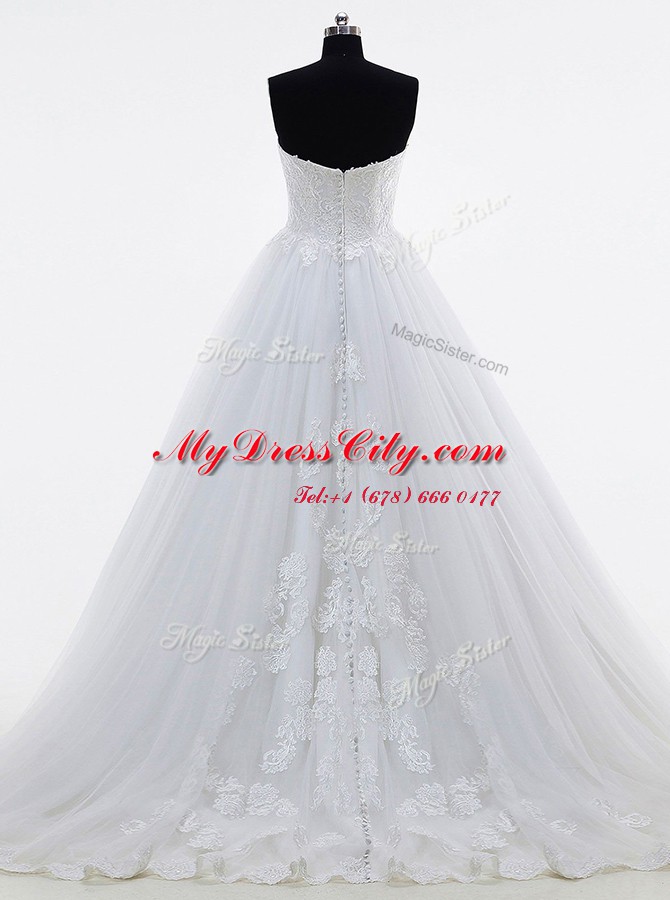 Adorable Brush Train Ball Gowns Wedding Dress White Strapless Tulle Sleeveless With Train Clasp Handle