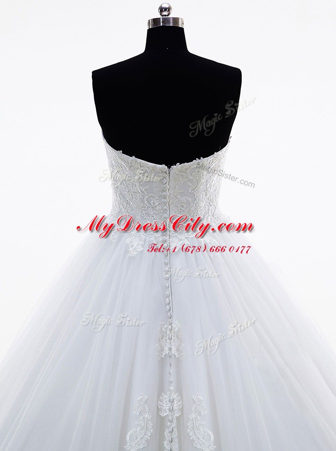 Adorable Brush Train Ball Gowns Wedding Dress White Strapless Tulle Sleeveless With Train Clasp Handle