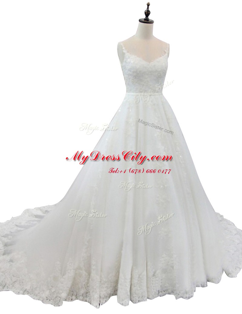 Fantastic White Straps Zipper Appliques Wedding Dresses Chapel Train Sleeveless