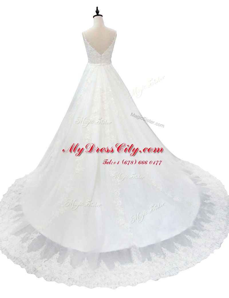 Fantastic White Straps Zipper Appliques Wedding Dresses Chapel Train Sleeveless