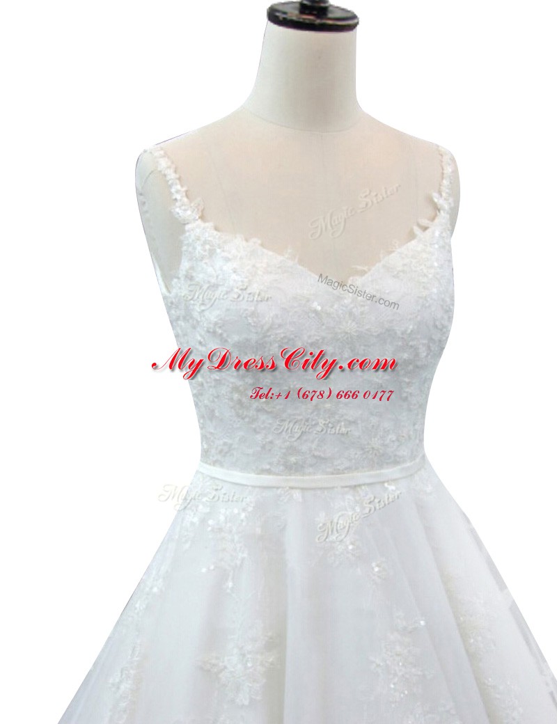 Fantastic White Straps Zipper Appliques Wedding Dresses Chapel Train Sleeveless