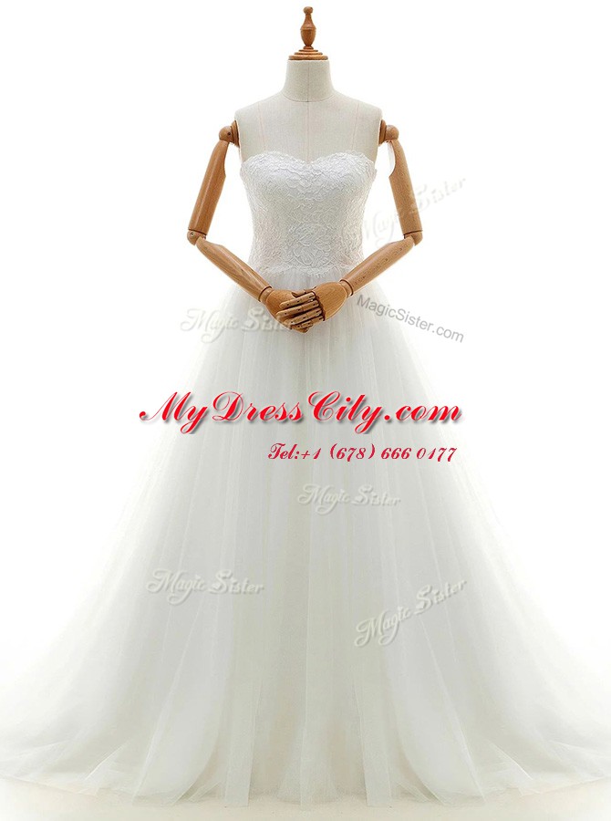 Glorious White Sleeveless Brush Train Lace With Train Wedding Dress