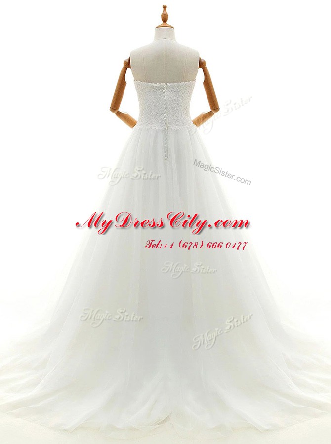 Glorious White Sleeveless Brush Train Lace With Train Wedding Dress