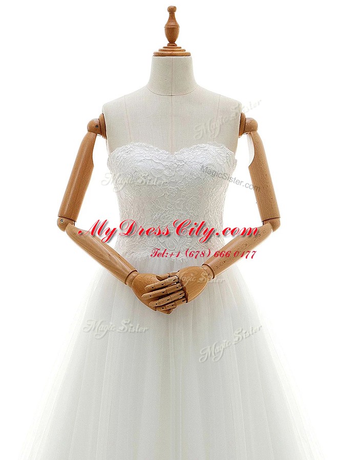 Glorious White Sleeveless Brush Train Lace With Train Wedding Dress