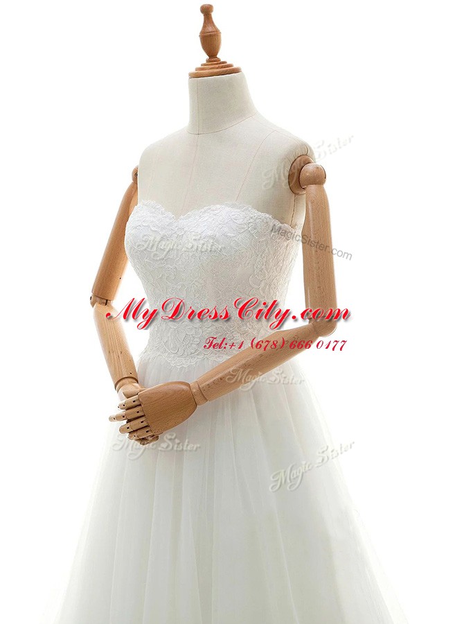 Glorious White Sleeveless Brush Train Lace With Train Wedding Dress