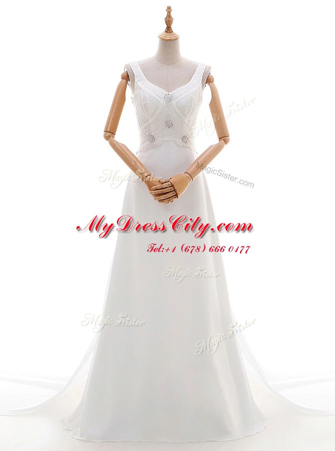 Exceptional With Train Column/Sheath Sleeveless White Wedding Gowns Brush Train Backless