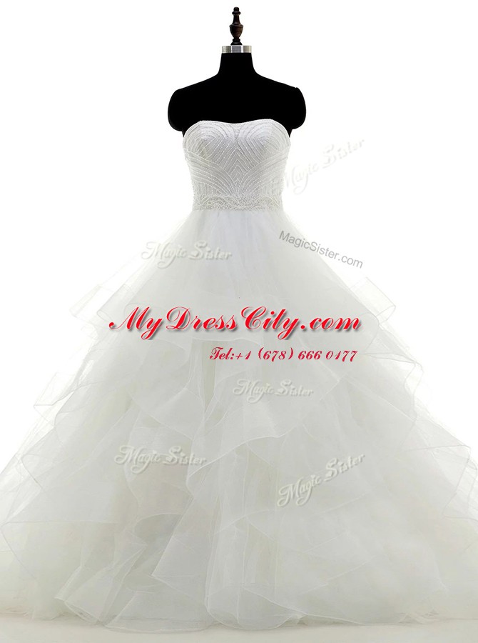 Glorious Strapless Sleeveless Wedding Dresses Floor Length Beading and Ruffles White Organza