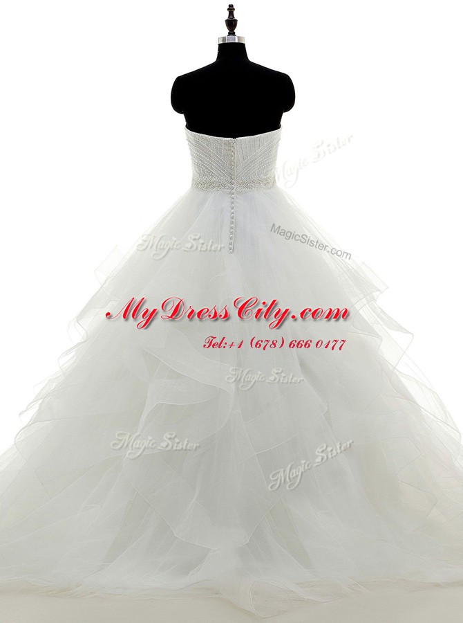 Glorious Strapless Sleeveless Wedding Dresses Floor Length Beading and Ruffles White Organza