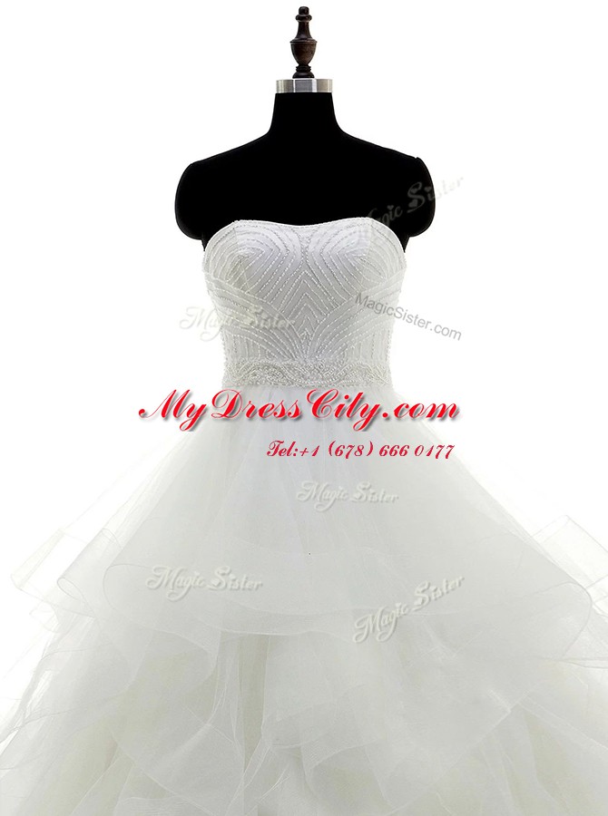 Glorious Strapless Sleeveless Wedding Dresses Floor Length Beading and Ruffles White Organza