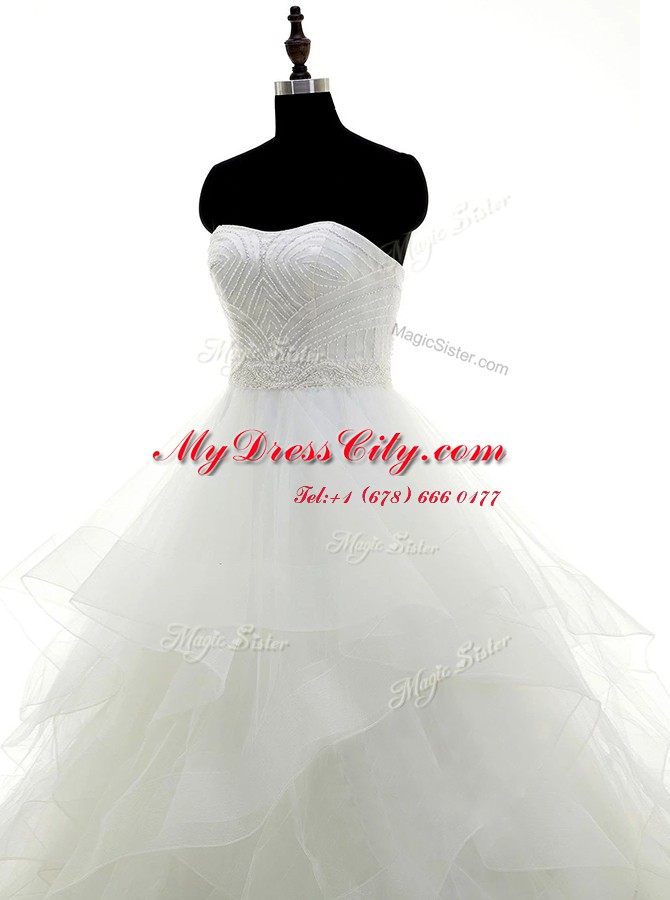 Glorious Strapless Sleeveless Wedding Dresses Floor Length Beading and Ruffles White Organza