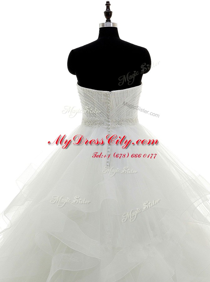 Glorious Strapless Sleeveless Wedding Dresses Floor Length Beading and Ruffles White Organza