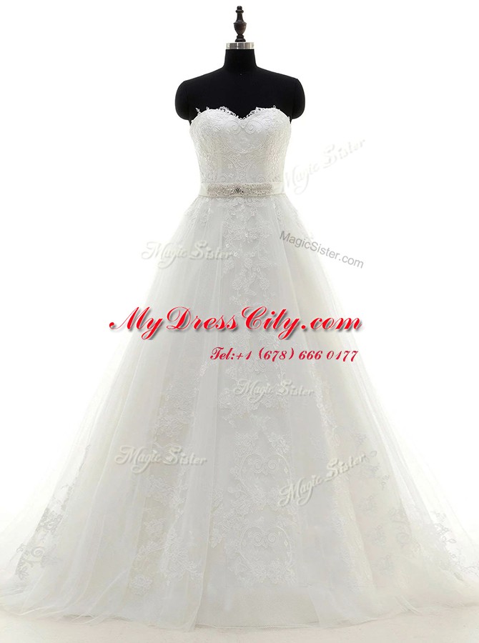 Suitable Lace Sleeveless Brush Train Zipper With Train Sashes ribbons Bridal Gown