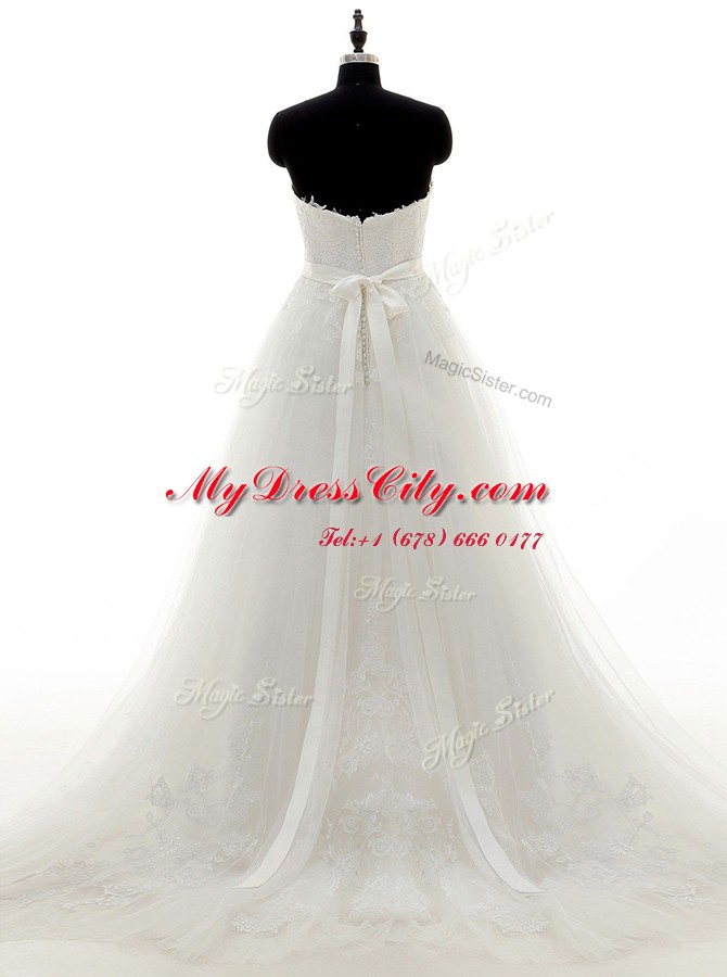 Suitable Lace Sleeveless Brush Train Zipper With Train Sashes ribbons Bridal Gown