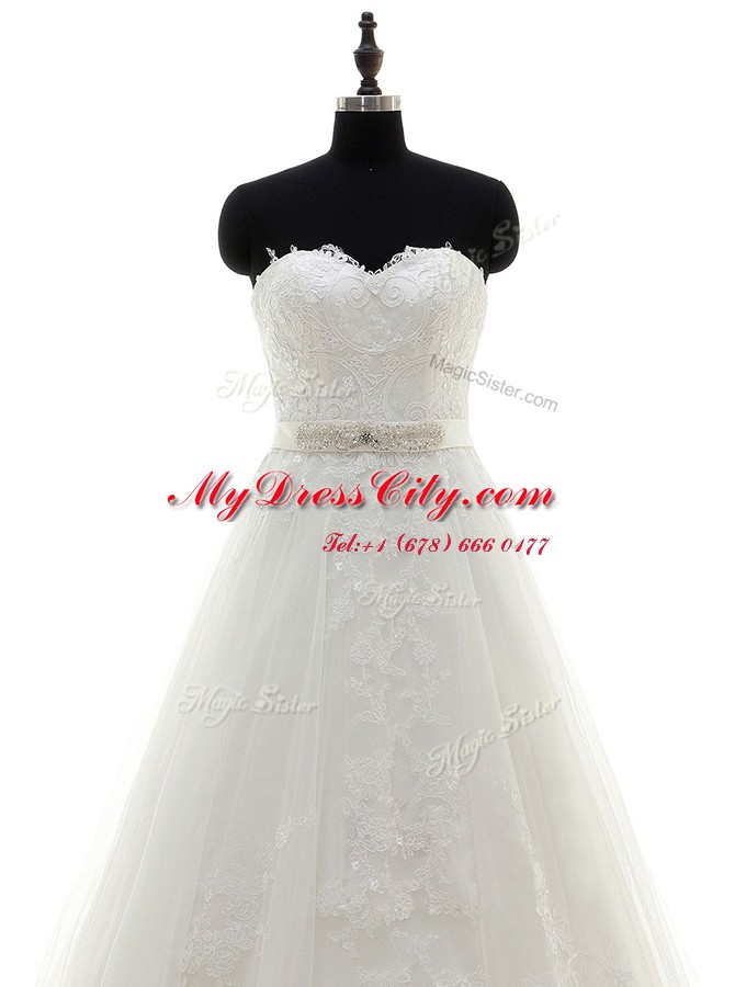 Suitable Lace Sleeveless Brush Train Zipper With Train Sashes ribbons Bridal Gown