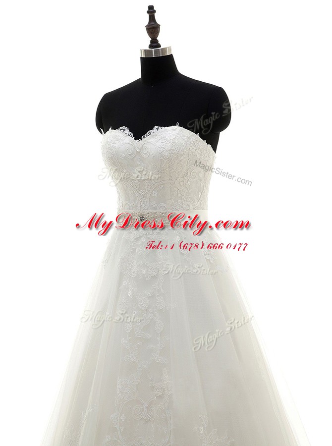 Suitable Lace Sleeveless Brush Train Zipper With Train Sashes ribbons Bridal Gown