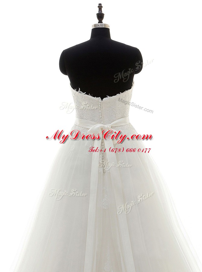 Suitable Lace Sleeveless Brush Train Zipper With Train Sashes ribbons Bridal Gown