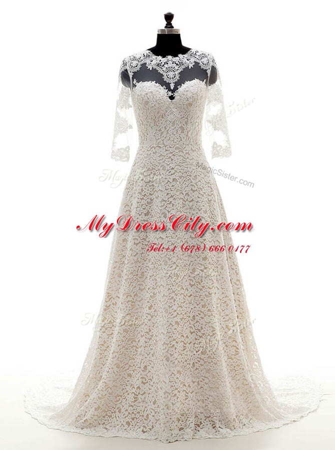 Scoop 3 4 Length Sleeve Court Train Clasp Handle With Train Lace Wedding Gowns