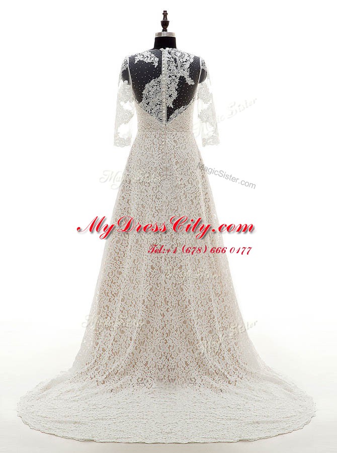 Scoop 3 4 Length Sleeve Court Train Clasp Handle With Train Lace Wedding Gowns