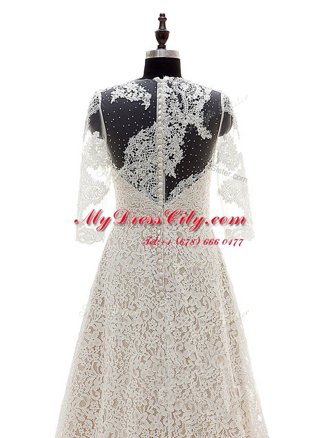 Scoop 3 4 Length Sleeve Court Train Clasp Handle With Train Lace Wedding Gowns