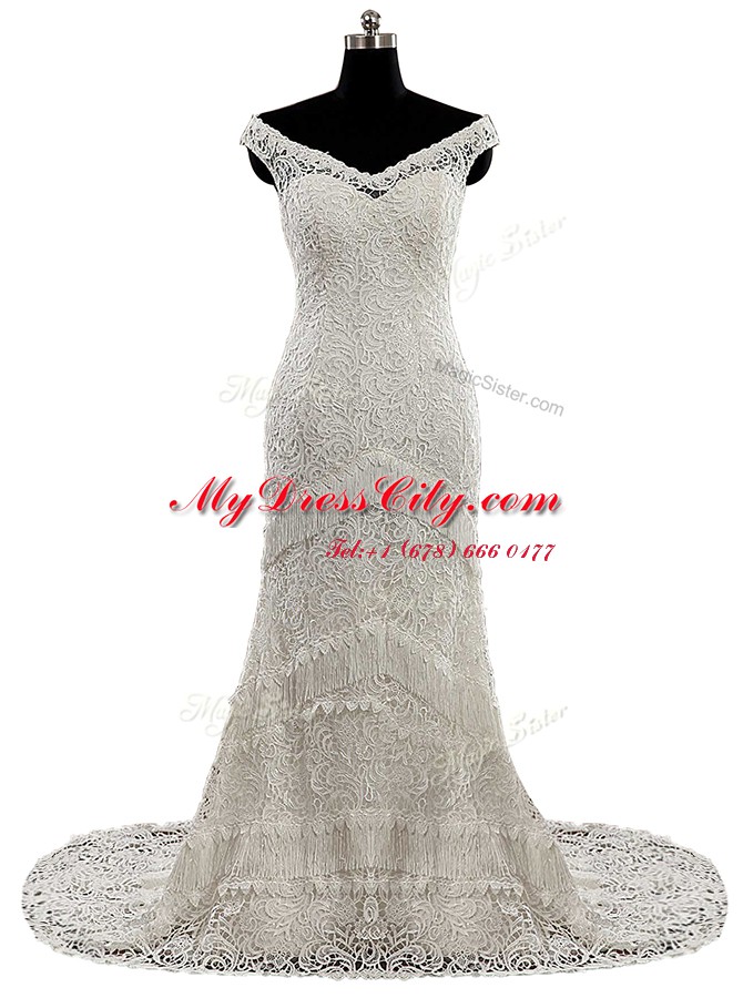 Lace With Train White Wedding Dresses V-neck Cap Sleeves Brush Train Zipper