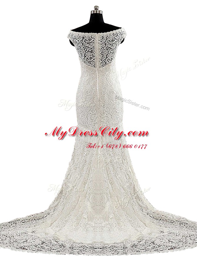 Lace With Train White Wedding Dresses V-neck Cap Sleeves Brush Train Zipper