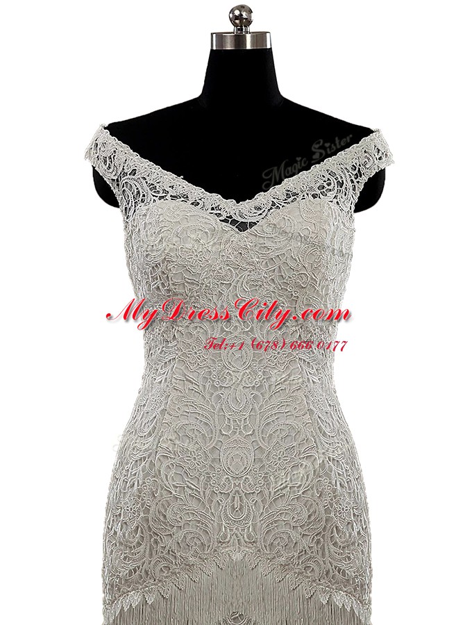 Lace With Train White Wedding Dresses V-neck Cap Sleeves Brush Train Zipper