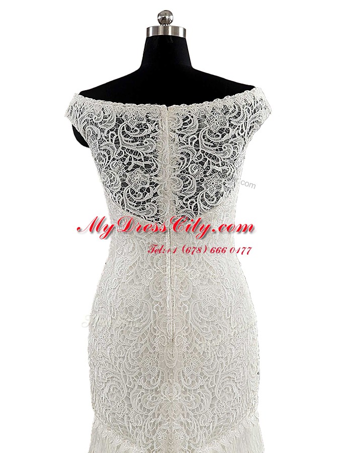 Lace With Train White Wedding Dresses V-neck Cap Sleeves Brush Train Zipper