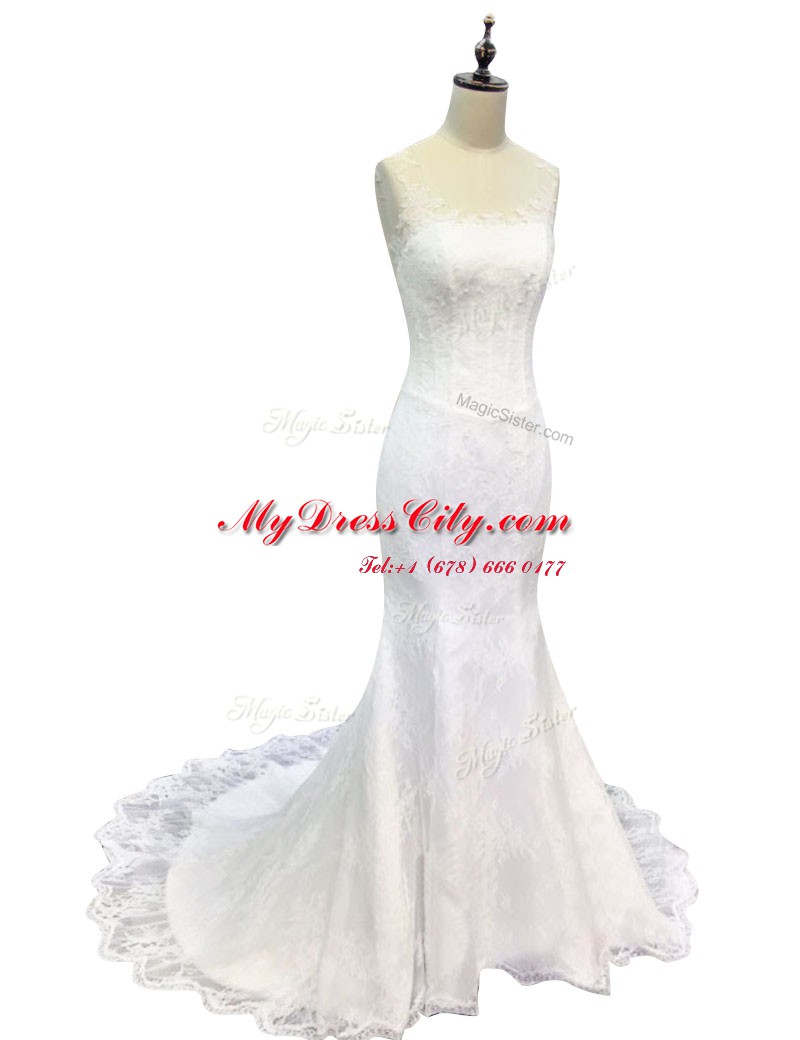 Exceptional Mermaid Lace With Train White Wedding Dresses Scoop Sleeveless Sweep Train Zipper