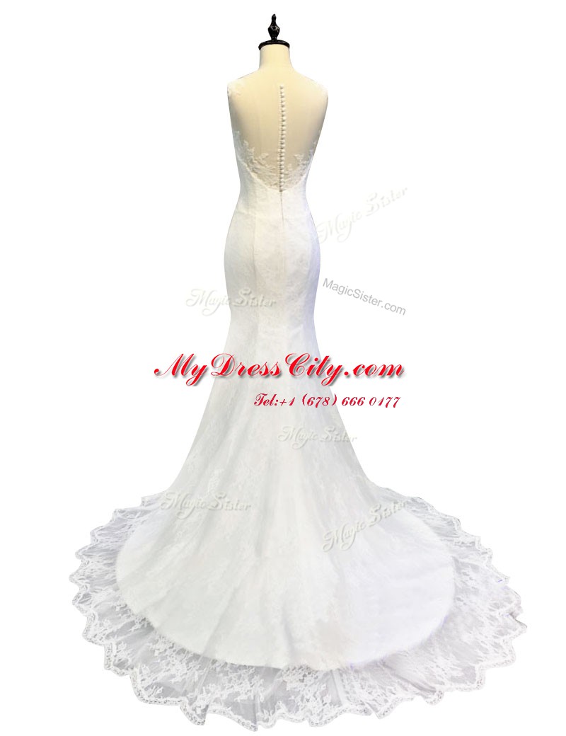 Exceptional Mermaid Lace With Train White Wedding Dresses Scoop Sleeveless Sweep Train Zipper