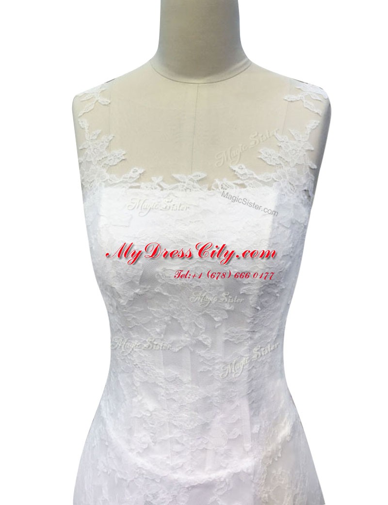 Exceptional Mermaid Lace With Train White Wedding Dresses Scoop Sleeveless Sweep Train Zipper