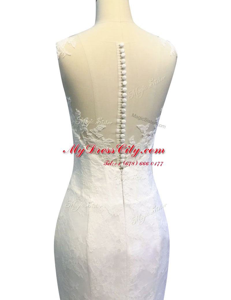 Exceptional Mermaid Lace With Train White Wedding Dresses Scoop Sleeveless Sweep Train Zipper