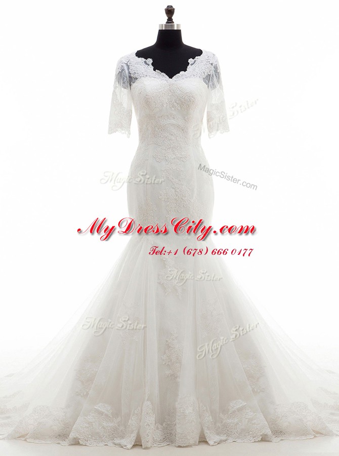 Fantastic Mermaid Half Sleeves Tulle With Train Court Train Clasp Handle Wedding Dress in White with Lace and Appliques